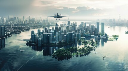 Obraz premium Green island city where buildings and parks intertwine, creating a unique ecological balance and minimizing negative impact on the environment. Concept of floating city
