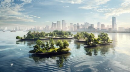 Massive floating park where city residents can enjoy green spaces, sports facilities, and picturesque views of the surrounding waters. Eco-Friendly Floating Gardens Cityscape
