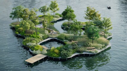 Obraz na płótnie Canvas Massive floating park where city residents can enjoy green spaces, sports facilities, and picturesque views of the surrounding waters. Eco-Friendly Floating Gardens Cityscape
