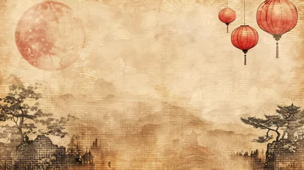 Foto op Plexiglas Old paper with Asian Landscape and Chinese Lanterns © Johnu