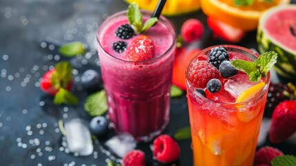 Refreshing Summer Drinks, Cool down with recipes for refreshing beverages from fruity smoothies - obrazy, fototapety, plakaty