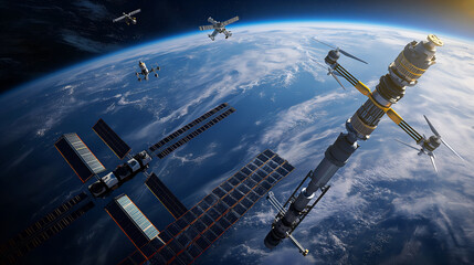 Technological Marvel: Space Elevator and Swarm of Drones Orbiting Unknown Planet