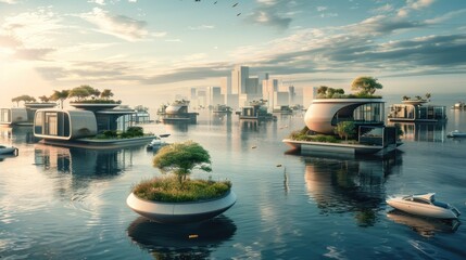 Transportation freely moving between floating city islands, convenient and environmentally friendly, floating city, aquatic metropolis: waterways and modernity