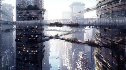 Magnificent sky bridges connecting different components of the floating city, serving as both functional and aesthetic elements. An innovative cityscape merges lush greenery with futuristic design