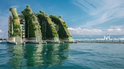 Fototapeta na wymiar Verdant Vertical Living - Eco-Architecture. Innovative green architecture integrates lush vegetation into multi-story buildings, creating self-sustaining living spaces on the water. Floating building