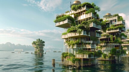 Obraz premium Verdant Vertical Living - Eco-Architecture. Innovative green architecture integrates lush vegetation into multi-story buildings, creating self-sustaining living spaces on the water. Floating building