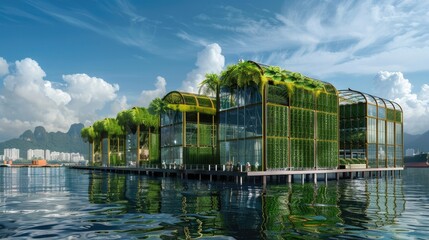 Verdant Vertical Living - Eco-Architecture. Innovative green architecture integrates lush vegetation into multi-story buildings, creating self-sustaining living spaces on the water. Floating building - obrazy, fototapety, plakaty
