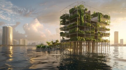 Verdant Vertical Living - Eco-Architecture. Innovative green architecture integrates lush vegetation into multi-story buildings, creating self-sustaining living spaces on the water. Floating building - obrazy, fototapety, plakaty
