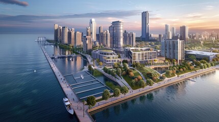 Naklejka premium Aerial skyline with a view of the navy pier and lake, floating city, city park nestled along the waterfront, with the urban skyline