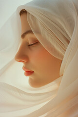 Fototapeta premium portrait of a young woman with perfect skin wrapped in light and transparent fabric