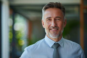 Obraz premium A man wearing a blue shirt and gray tie is smiling