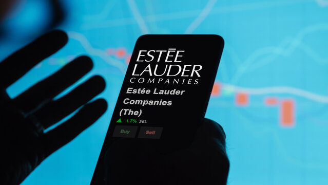 March 02nd 2024 New York City, New York. The logo of Est&eacute;e Lauder Companies (The) on the screen of an exchange. Est&eacute;e Lauder Companies (The) price stocks, $EL on a device.