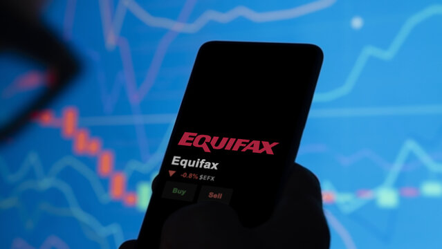 March 02nd 2024 Atlanta, Georgia. The logo of Equifax on the screen of an exchange. Equifax price stocks, $EFX on a device.