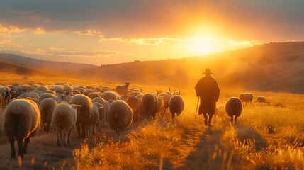 A shepherd leads his flock of sheep as the sun sets. Concept Nature, Sheep, Sunset, Shepherd, Landscape - obrazy, fototapety, plakaty