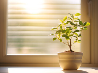A small bonsai tree growing in a pot, blurry sunlight background 