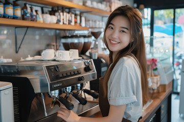 A woman is smiling and standing behind a coffee machine