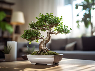 Small bonsai tree in a pot on table, blurry living room background 