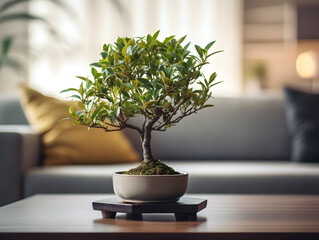 Small bonsai tree in a pot on table, blurry living room background 