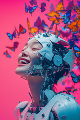 A laughing cyborg woman with a human face on a background of gorgeous airy colorful butterflies. The beauty of nature