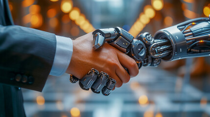 The hand of a human and a robot shake each other as a greeting. The concept of friendship, signing a new contract and cooperation