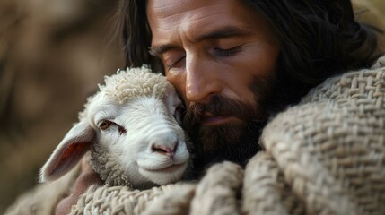 Symbolic image of Christ cradling a lamb conveying love comfort and compassion. Concept Symbolic Art, Christian Imagery, Christ with Lamb, Love and Compassion, Religious Symbolism, - obrazy, fototapety, plakaty
