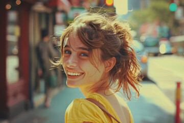 joyful portrait of a young woman on a city street in the sun in light summer clothes