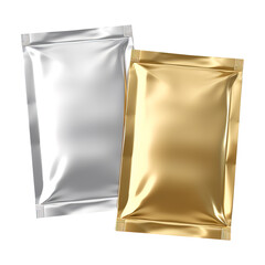Blank gold and silver metal sachet packet isolated on transparent background Remove png, Clipping Path, pen tool - obrazy, fototapety, plakaty