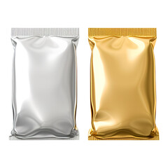 Blank gold and silver metal sachet packet isolated on transparent background Remove png, Clipping Path, pen tool - obrazy, fototapety, plakaty