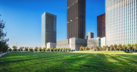 Urban Park Oasis with Skyline of Towering Skyscrapers