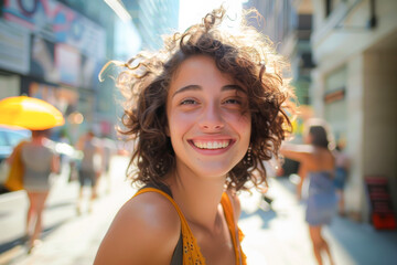 joyful portrait of a young woman on a city street in the sun in light summer clothes