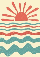 abstract summer landscape, sea, sun, waves. Paradise vacation in nature, the ocean in a minimalist retro style. hand drawn poster, banner, background. for printing, wall art. art modern illustration.