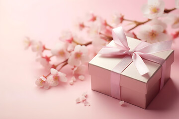 Small elegant present gift box with tiny pale pink satin ribbon decorated with blooming sakura flowers on pale pink background 