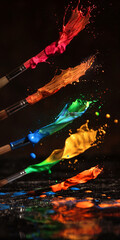 Pinsel mit bunten explodierenden Neon Farben auf schwarzem Hintergrund Poster Nahaufnahme, ai generativ