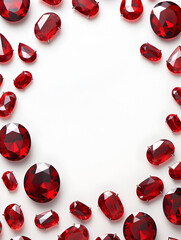 Abstract frame background with red ruby gemstones and white copy space