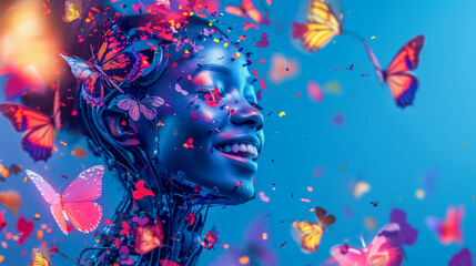 Obraz premium A laughing cyborg woman in a great mood against a background of gorgeous airy colorful butterflies on a blue background. Admiration for the beautiful.