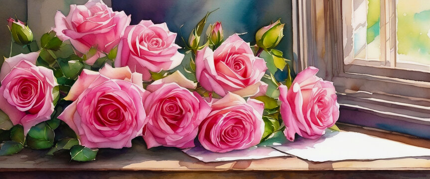 Pink roses on the window table. Beautiful pink roses were in full bloom. Illustration in watercolor style.
