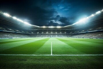 Empty night soccer arena in lights, football stadium field illumination background