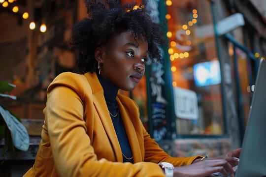 close up horizontal image of a beautiful black woman typing on a laptop in a hip style cafe. Generative AI