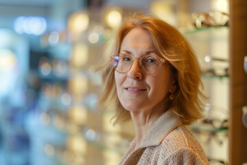 Smiling Senior Woman Selecting Eyeglasses at Optical Store