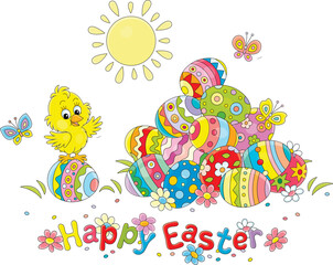 Obraz premium Easter card with a happy little chick and a pile of colorfully painted gift eggs on a pretty sunny lawn with spring flowers and merry fluttering butterflies, vector cartoon illustration