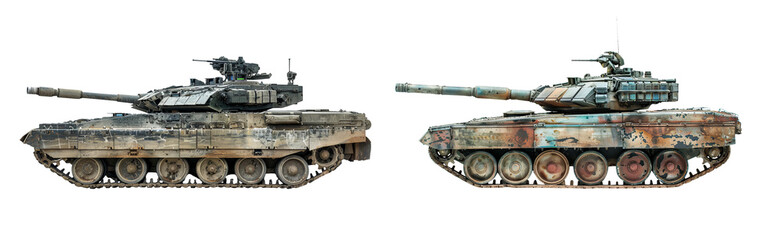 Fototapeta na wymiar Pair of Camouflaged Military Tanks on White Background, Armored Fighting Vehicle Collection