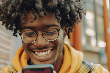 African American woman smiling joyfully and looking at his phone in yellow colors