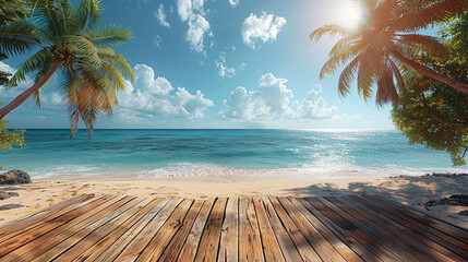 Wooden terrace by the sea overlooking the calm sea, tropical palm trees and sunny weather