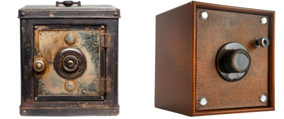 Vintage Box Cameras with Rustic Finish Isolated on White Background for Photography Enthusiasts