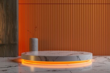 marble Podium stand studio room ,orange background 3d pedestal platform background. Premium clean light scene luxurious  style floor stage modern mockup base. 