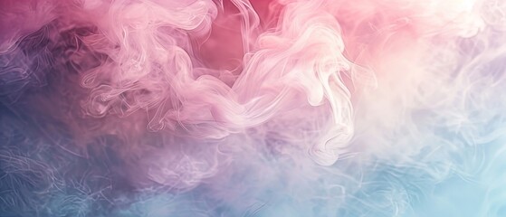 Abstract pastel pink smoke swirls gracefully over a dreamy pastel blue and green blurred background, creating a mesmerizing and ethereal atmosphere