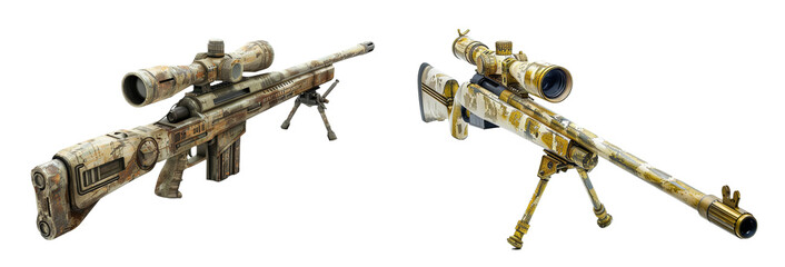 Pair of Camouflaged Sniper Rifles with High Precision Scopes Isolated on White Background - obrazy, fototapety, plakaty