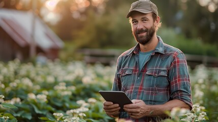 Obraz premium Agricultural technology farmer with tablet in Alberta farm field. Concept Agricultural Technology, Farmer, Tablet, Alberta Farm Field, Farming Technology