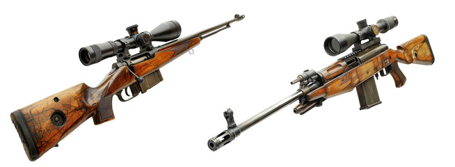 Elegant Wood Stock Hunting Rifles with Precision Scopes Isolated on White Background - obrazy, fototapety, plakaty