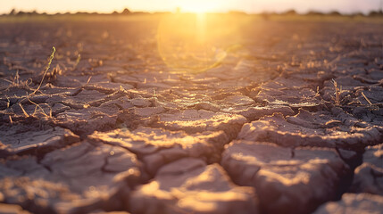 Dry cracked soil with dead trees and heat wave, global warming concept
